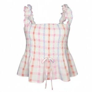 Blu Pepper Juniors Size M Multicolor Plaid Smocked Ruffle Strap Peplum Tank Top